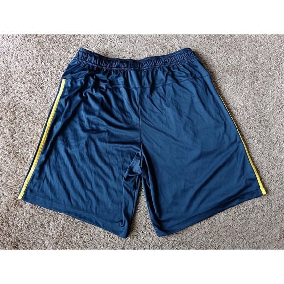 Adidas 3 Stripe Shorts Men's XL Navy Gold Zip Pockets Elastic Waist - Picture 4 of 4